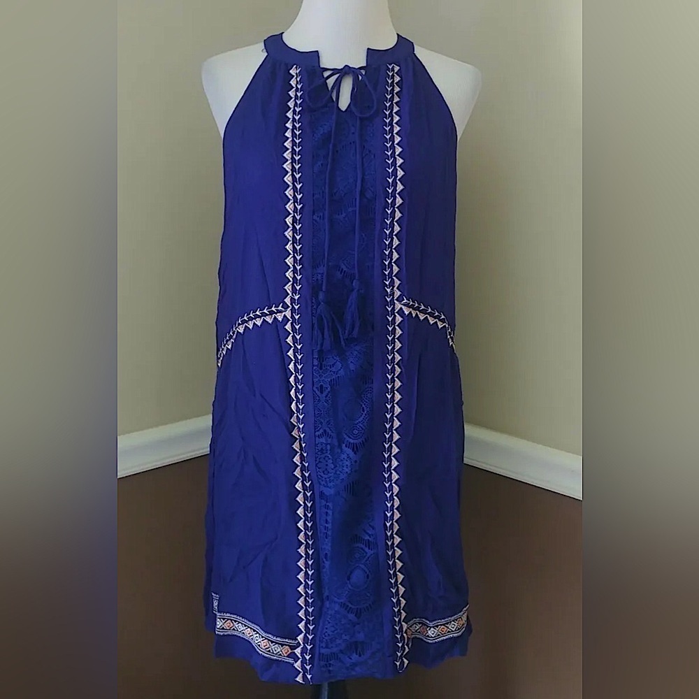 Navy Blue Sleeveless w Embroidered Detail & Tie Modcloth Tunic Shift Dress Boho